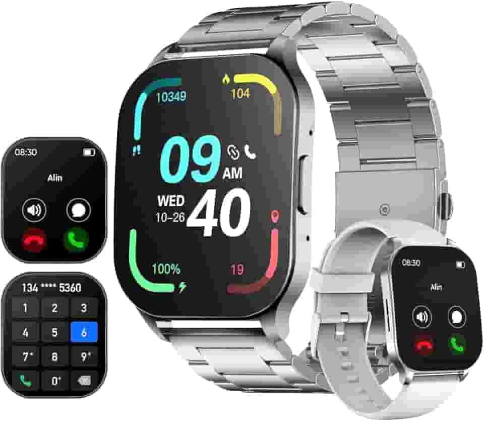 Smartwatch 1,96" AMOLED Relógio Inteligente, IP68 à Prova d’Água, Chamadas Bluetooth, 100+ Modos Esportivos, Assistente de Voz, Compatível com iOS/Android, Unissex com 2 Pulseiras (Prata)