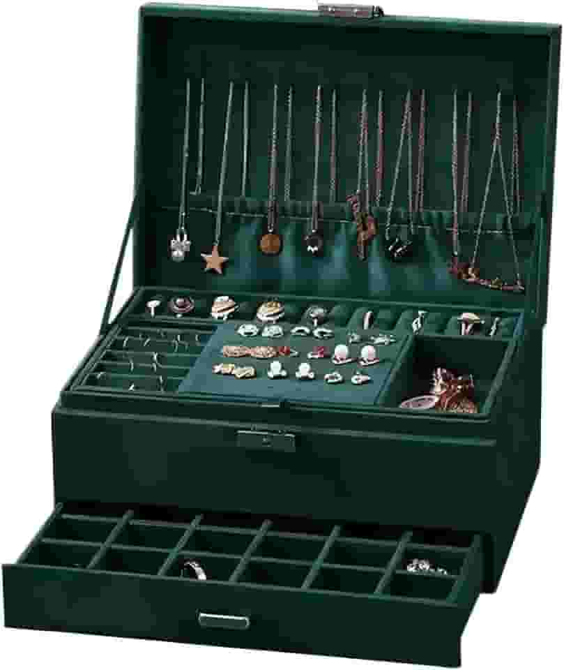 Porta Joias Grande com 3 Níveis, Organizador de Colares e Brincos, Verde Escuro com Gaveta e Chave
