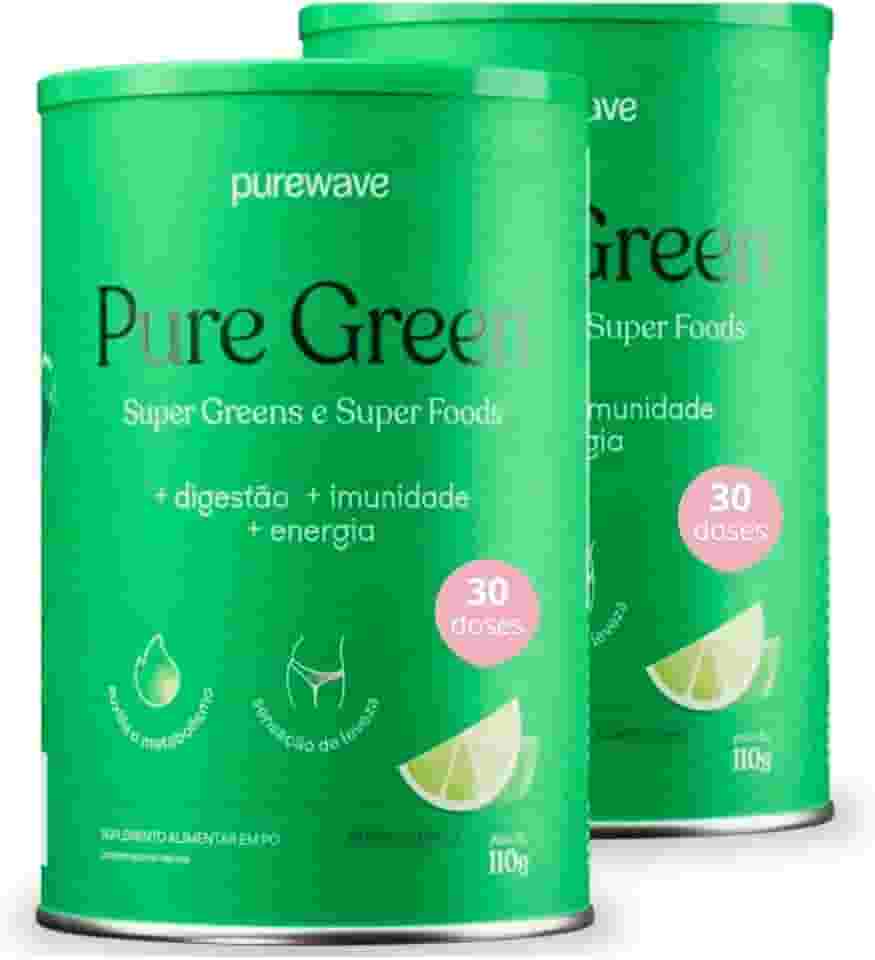 Pure Green Suco Verde em Pó Detox Natural Sabor Limão Purewave - 30 doses 150g - 2 potes - Para Inchaço e Saúde Intestinal