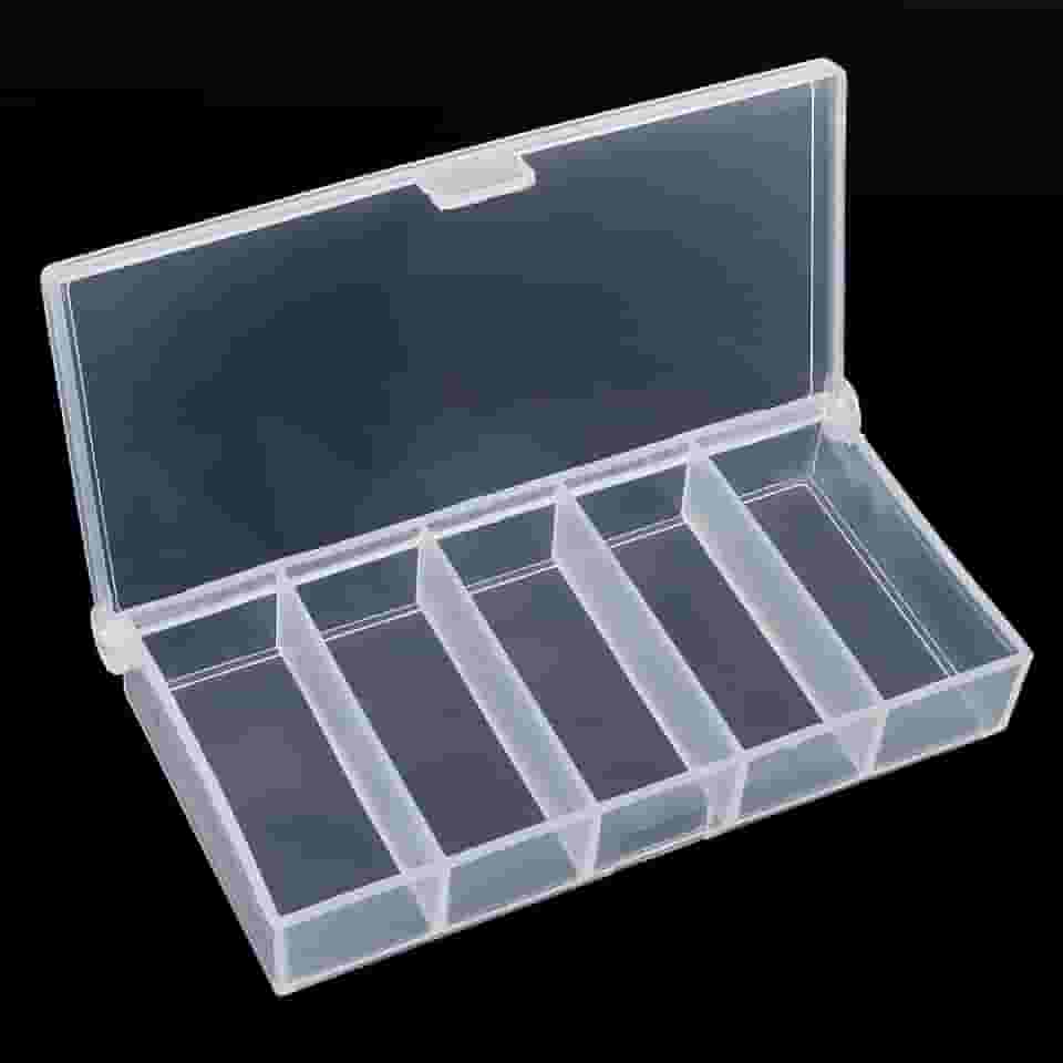 Caixa organizadora de plástico transparente, mini caixa de joias transparente, organizador de recipientes de armazenamento de contas de plástico, 5 grades (9,4 x 4,8 x 1,5 cm)