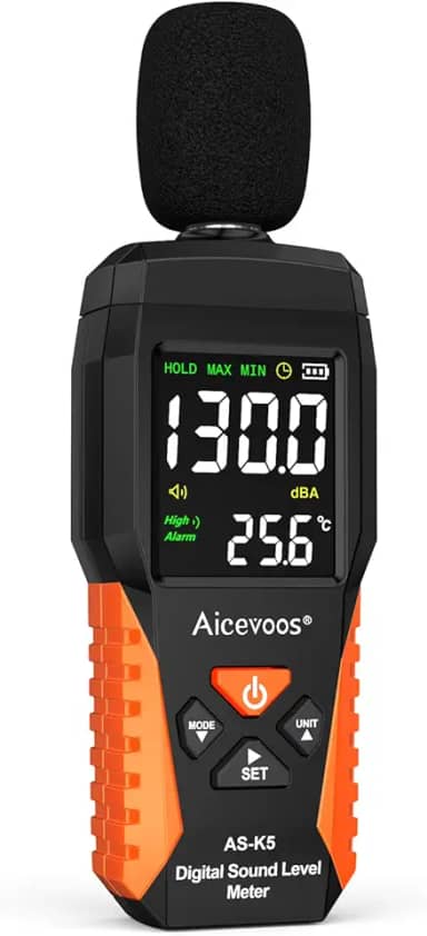 Medidor de decibéis medidor portátil de nível de som dB medidor de som decibéis medindo 30 ~ 130 dB, alarmes sonoros e visuais, medição de ruído máxima/mínima