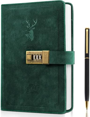 ZukoCert Diário com cadeado A5 de couro PU com cadeado 240 páginas, diário retrô com cadeado e chave para proteger sua privacidade, unissex (estilo cabeça de veado, verde)