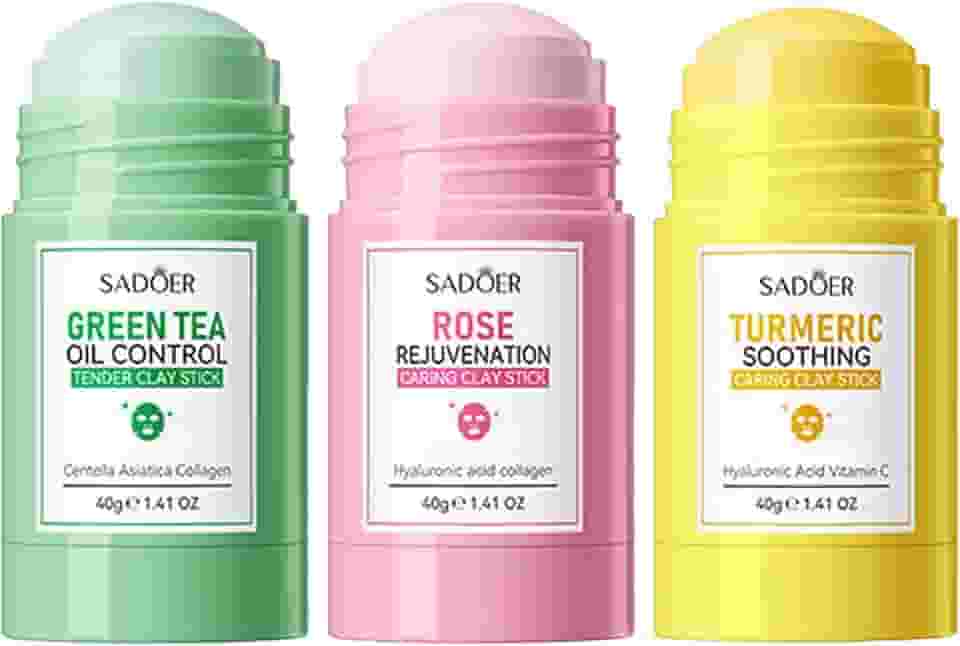 3 peças de máscara facial de chá verde, máscara de argila de açafrão rosa para rosto, removedor de cravos de argila de limpeza profunda sem poros para hidratação, controle de óleo para todos os tipos