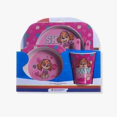 Zonacriativa – Kit Alimentação Infantil Skye Patrulha Canina | Prato, Bowl 350ml, Copo 250ml e Talheres em Fibra de Bambu e Melamina | Refeições Divertidas e Seguras para Crianças