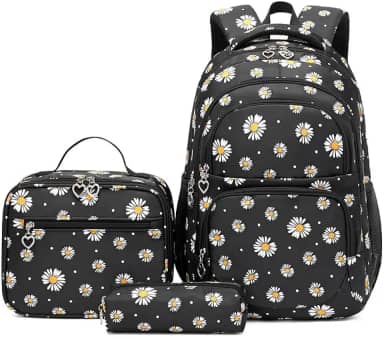 Conjunto de Mochila Escolar Feminina com Estampa de Margarida - 3 Peças com Bolsa de Almoço e Estojo de Lápis