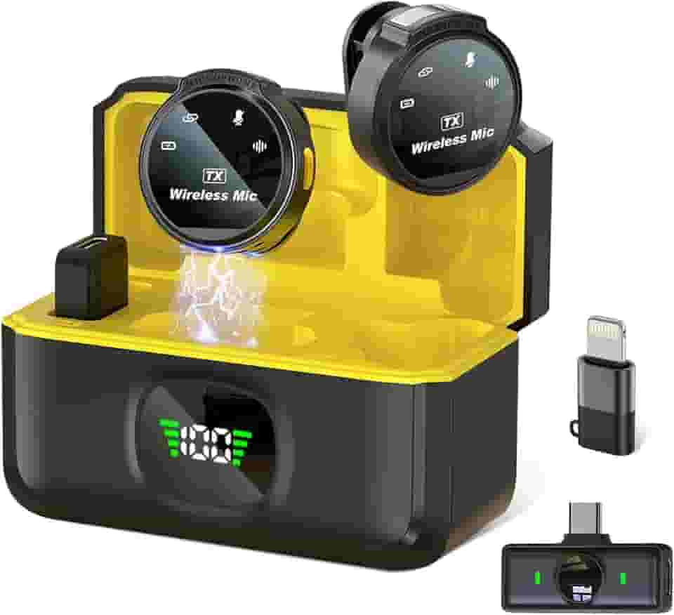Microfone de Lapela Sem Fio Profissional com Base de Carregamento, Display LED, para iPhone/Android dispositivos com Lightning/USB-C,para vídeo, entrevista, vlog