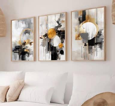 Kit 3 Quadros Circulos Dourados e Preto Cinza Moderno Decoração Casa Sala e Quarto (60x40cm, Carvalho)
