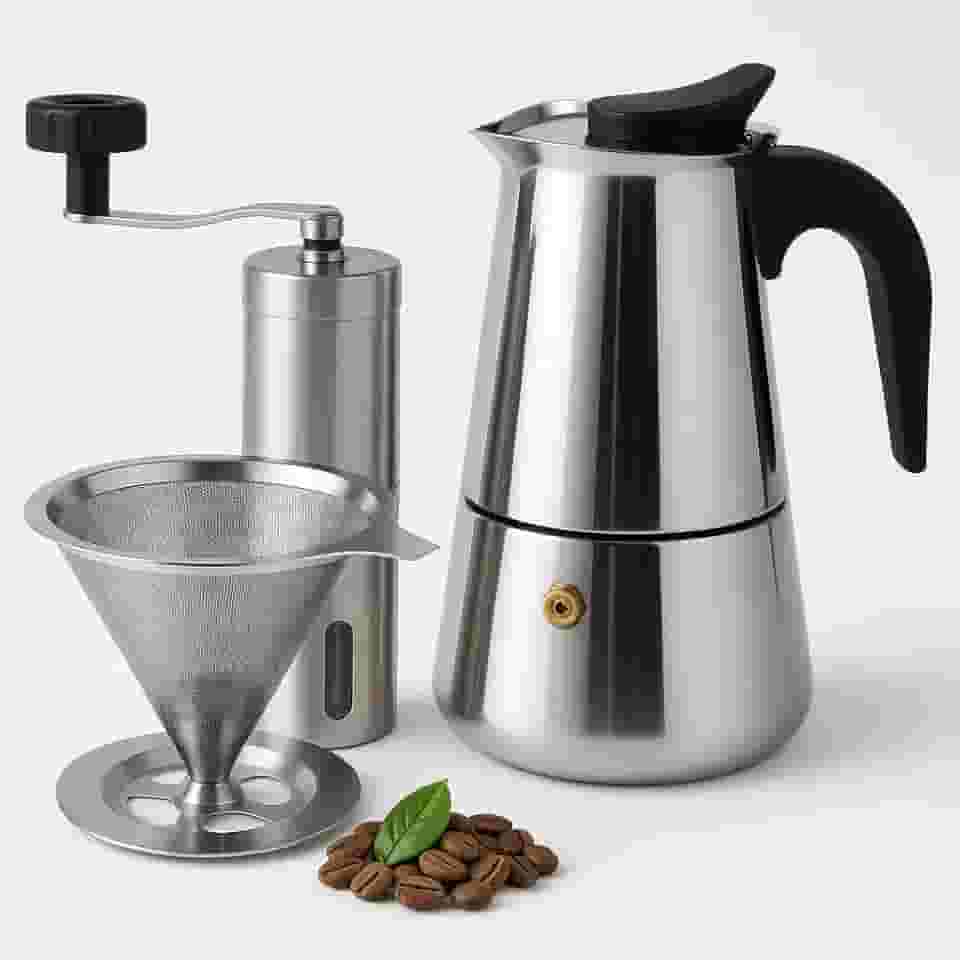 Kit Café 3 Peças com Cafeteira Italiana para 4 Xícaras + Moedor Manual Inox + Filtro Reutilizável – Ideal para Café Gourmet, Presente Criativo, Uso Diário, Compatível com Fogão