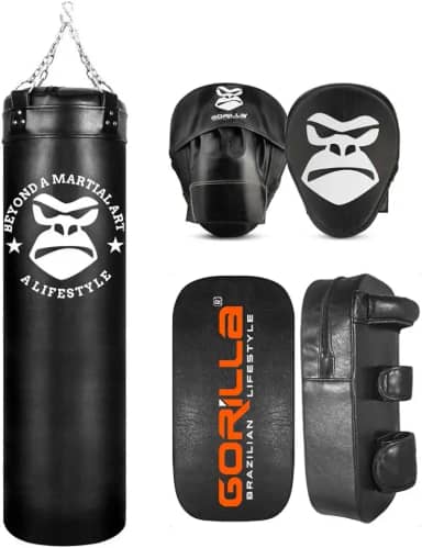 Kit Luta Completo Aparador Chute + Manopla Foco Soco + Saco Pancada Boxe Muay Thai 120 Cm Gorilla