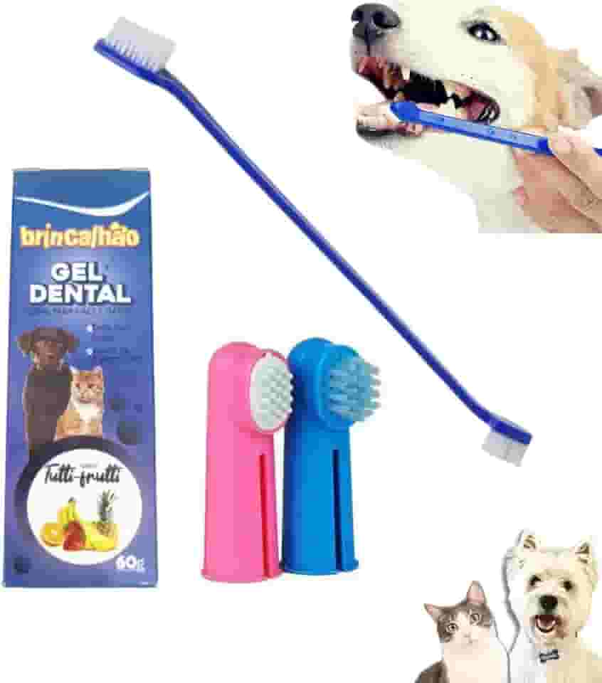 Kit de Higiene Bucal para Cães e Gatos - Escova Dupla + 2 Dedeiras + Gel Dental - Previne Placas e Tártaros, Clareia Dentes - Tutti Fruti ou Morango