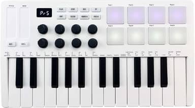 Teclado MIDI de 25 teclas, controlador MIDI portátil com 25 teclas sensíveis à velocidade, 8 pads retroiluminados RGB, 8 botões