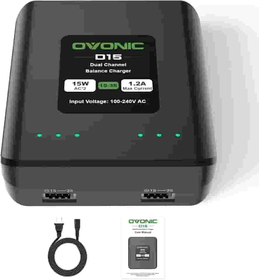 OVONIC Carregador de bateria D15 Dual LiPo AC 15W 1.2A para baterias Lipo 1S 2S 3S, carregador de bateria RC
