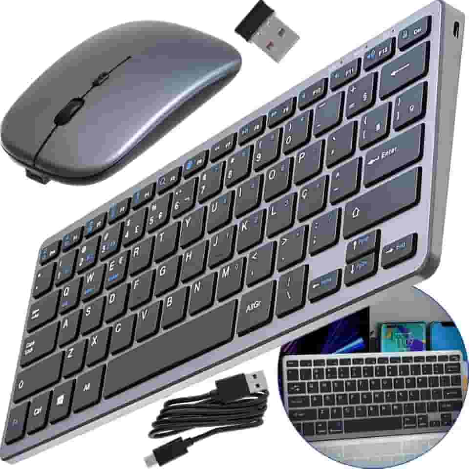Teclado e Mouse Sem Fio Com Adaptador Bluetooth Para Notebook Desktop Tablet e Celular Super Silecioso + Mouse Premium Carregamento USB-C Layout ABNT2 Padrão Brasil Teclas Por Membrana - Original