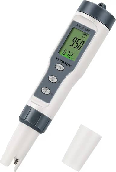 VIVOSUN Medidor digital de pH 3 em 1 com ATC, ± 0,1 pH de precisão de qualidade de água, faixa de medição de pH 0-14,0 para hidroponia, bebida doméstica, piscina e aquário