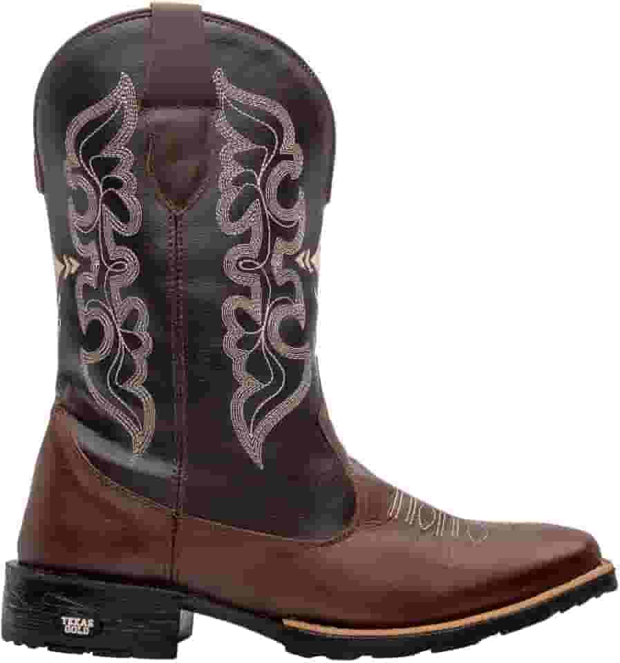 Bota Masculino Texana Em Couro Marrom Cano Longo Bordado Cruzeta