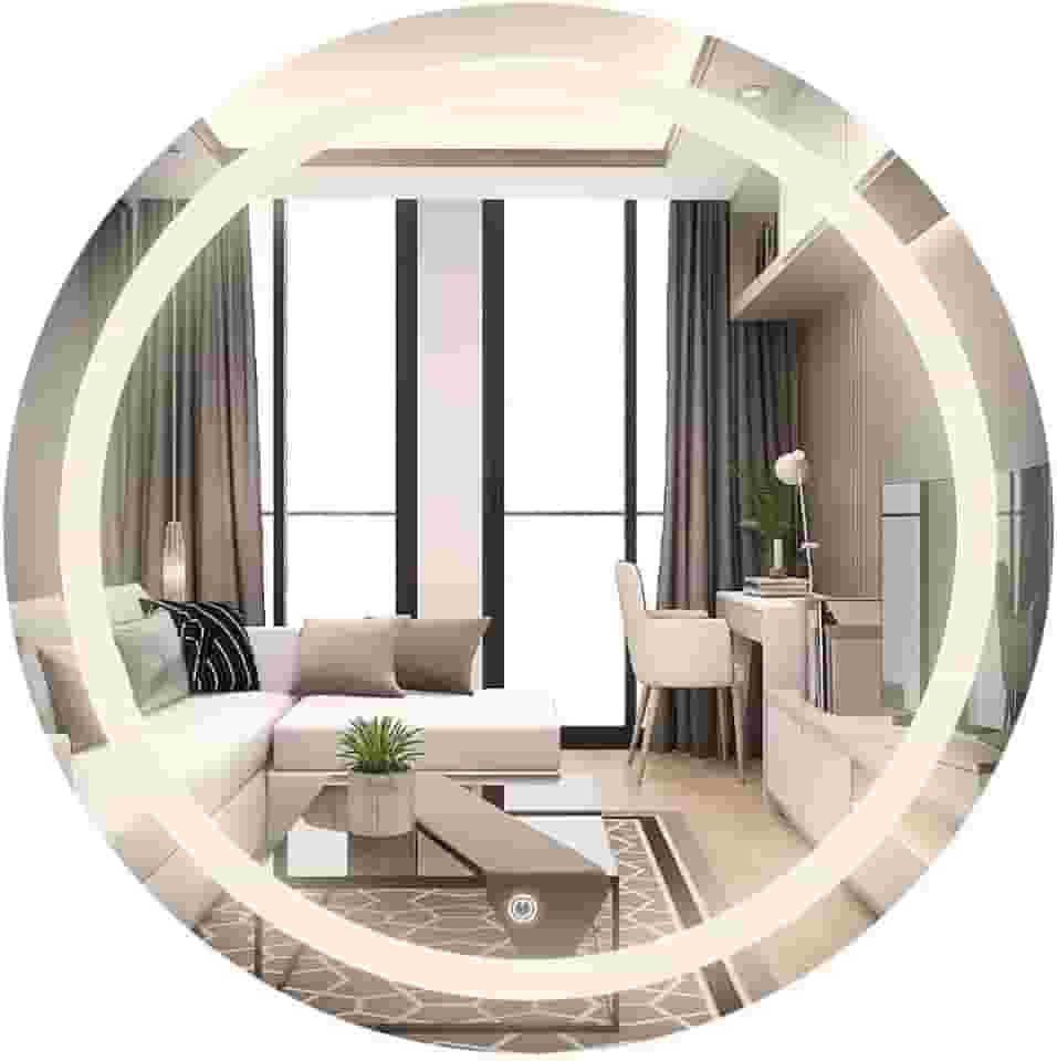 Espelho de Cristal Redondo 80x80 cm com LED Touch – Luz Fria, Neutra e Quente – Lapidado e Jateado – Para Banheiro, Quarto ou Lavabo – Lumière Calixto