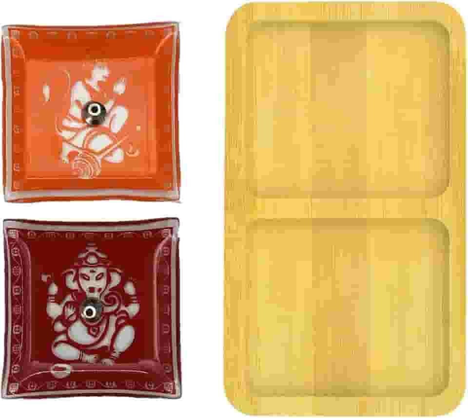 Kit Suporte de Vidro para Incenso com Aparador de Bambu – Incensário Elegante para Varetas – Decoração Zen (Vermelho e Laranja)