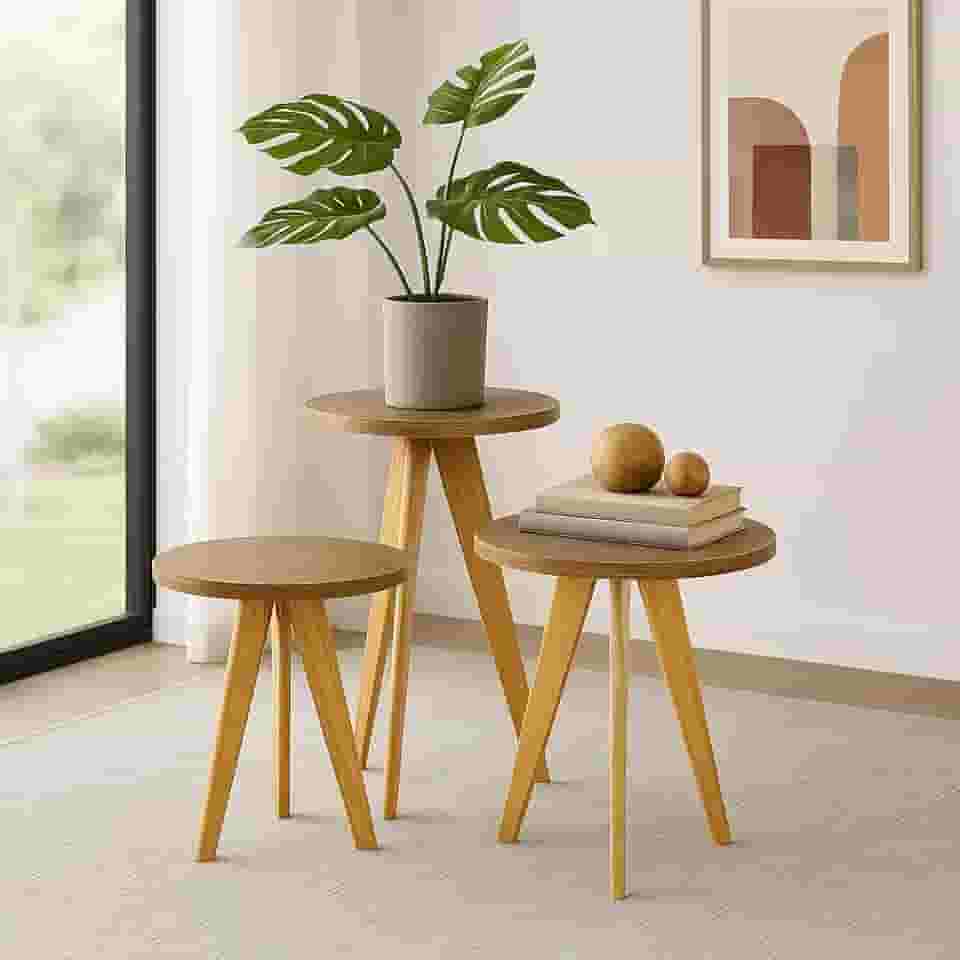 Kit de Mesas Laterais Decorativas de Madeira Maciça - Moderno, Multifuncional para Sofá, Canto e Apoio(MADEIRA ESC 3 MESAS)