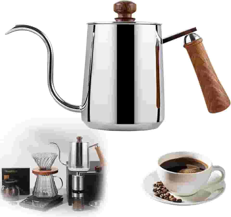 Chaleira Bico de Ganso em Aço Inoxidável 304 com Fundo Triplo, 600ml - Compatível com Indução e Fogão a Gás, Alça de Madeira (Prata)