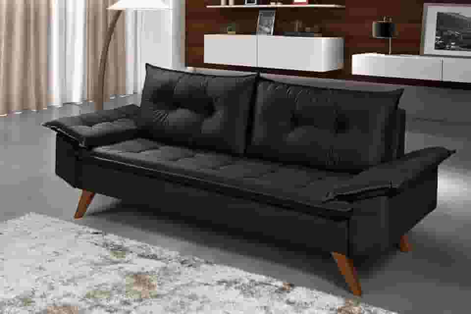 Sofá Bariloche 3 Lugares Pés Em Madeira (Preto)