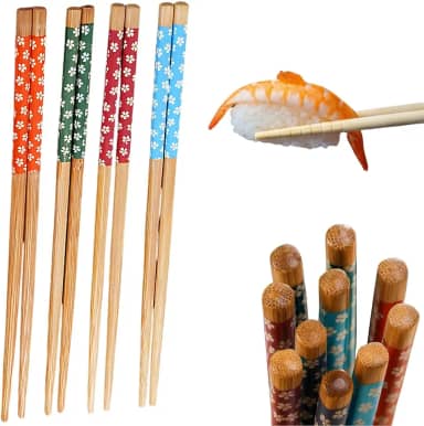 Kit 4 Pares de Hashi Feitos De Bambu Ornamentados Chopstick Design Premium Reutilizável Sustentável Prático Ideal Para Comida Japonesa e Chinesa Pauzinho de Comida Hashis Longos