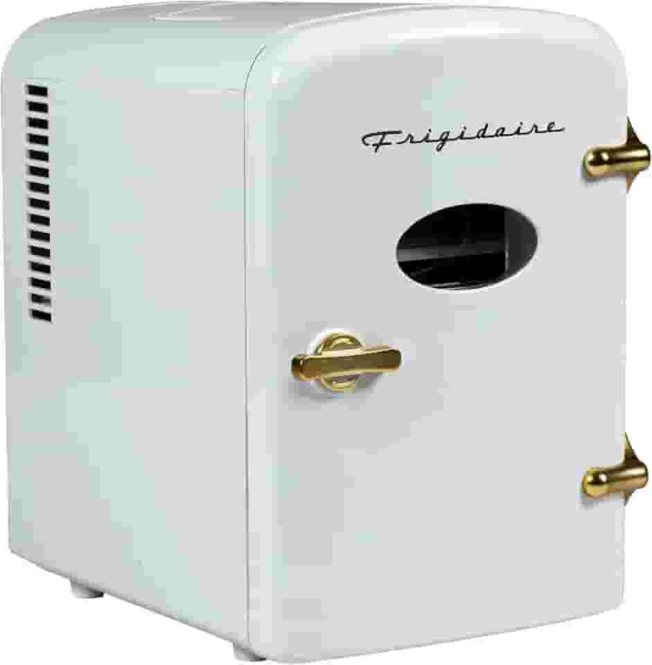 Frigidaire - Mini geladeira pessoal retrô comporta até 9 latas, portátil para carro, escritório, quarto, quarto ou cabine, inclui cabos de 110 V CA e 12 V CC, ouro branco