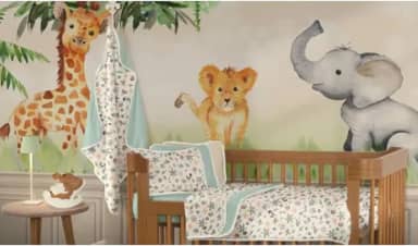 Kit Berço Selva Safari, Conjunto com Lençol, Fronhas e Manta Dupla Face, 100% Algodão, Decoração Infantil com Elefantes e Girafas, Verde e Bege