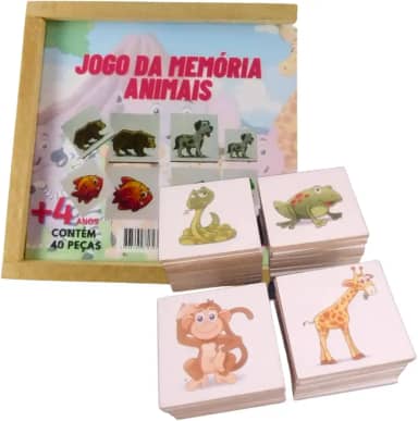 Jogo da Memória Animais Educação Infantil Brinquedo de Madeira Educativo Pedagógico para Meninas e Meninos Estimule o Raciocínio e a Alfabetização