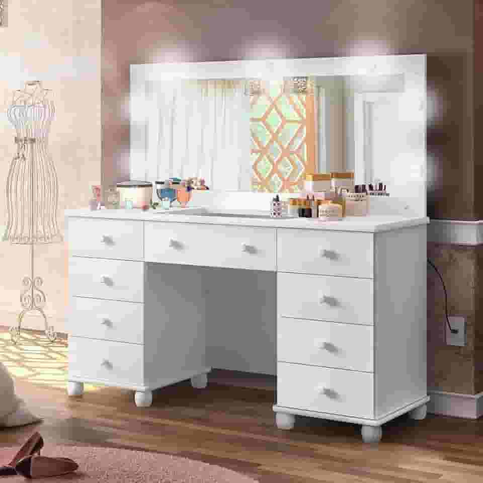 Penteadeira camarim com espelho e led 9 gavetas e colmeia Potente Branca