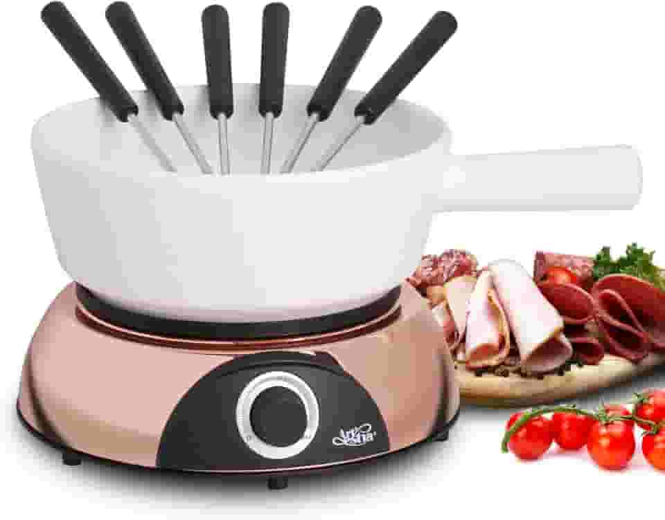 Artestia Panela elétrica de fondue de 2 litros 1500 W, conjunto de fondue suíço de uso duplo para derretimento de queijo e chocolate, controle de temperatura ajustável, panela de cerâmica branca com