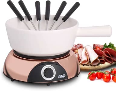 Artestia Panela elétrica de fondue de 2 litros 1500 W, conjunto de fondue suíço de uso duplo para derretimento de queijo e chocolate, controle de temperatura ajustável, panela de cerâmica branca com