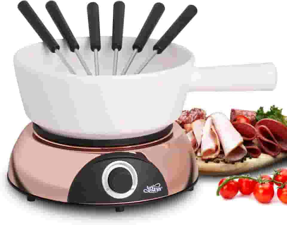Artestia Panela elétrica de fondue de 2 litros 1500 W, conjunto de fondue suíço de uso duplo para derretimento de queijo e chocolate, controle de temperatura ajustável, panela de cerâmica branca com