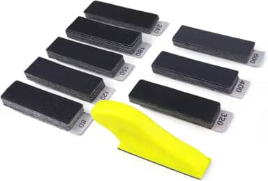 POLIWELL Ferramenta de micro lixadeira, lixadeira de dedo detalhada para artesanato, 80 peças de lixa úmida e seca 80 120 150 180 240 320 400 600 grãos + 8,88 cm x 2,54 cm mini bloco de lixa para DIY, madeira, metal e espaços estreitos