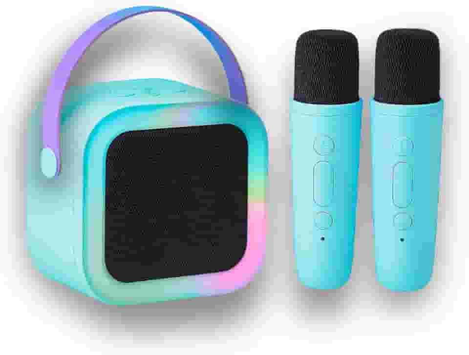 Karaokê Infantil Portátil com LED, Caixa de Som Bluetooth, 2 Microfones Sem Fio, Recarregável, Modos de Voz Divertidos (Azul)
