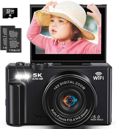 Câmera digital, vídeo de 5k, câmera de 75 megapixels, transmissão Wi-Fi, foco automático, zoom digital de 18x, tela giratória de 180 graus, cartão SD de 32G,câmera compacta,vlog,fotográfica