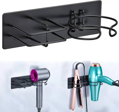 Suporte para secador de cabelo e alisador montado na parede, secador de cabelo autoadesivo e organizador de ferramentas de cabelo para banheiro (preto)