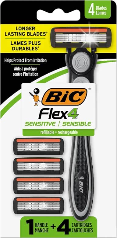 BIC Lâminas descartáveis masculinas recarregáveis Flex 4, para um barbear suave, ultra rente e confortável, 1 alça e 4 cartuchos, conjunto de 5 peças de barbeador