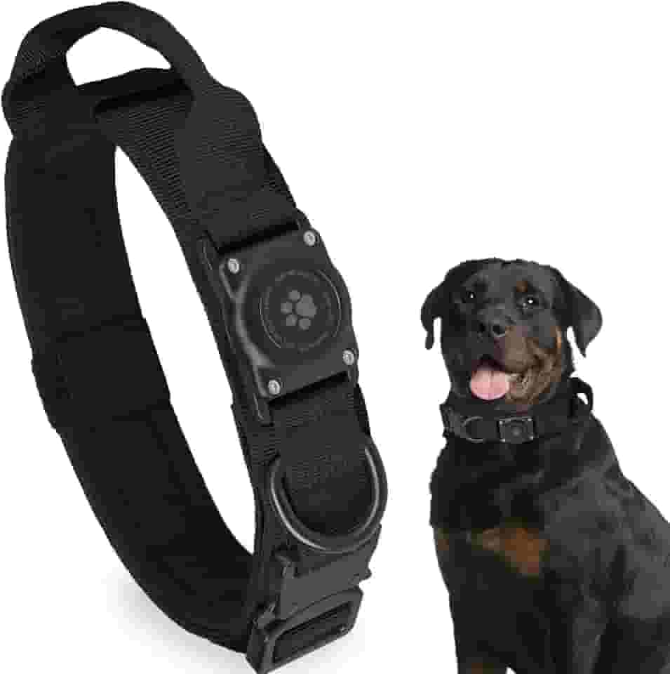 Coleira tática AirTag, 100% à prova d'água integrada, coleira para cães Apple Air Tag com suporte rígido de policarbonato AirTag, coleira militar ajustável com alça, coleira grossa e larga com GPS para cães médios e grandes