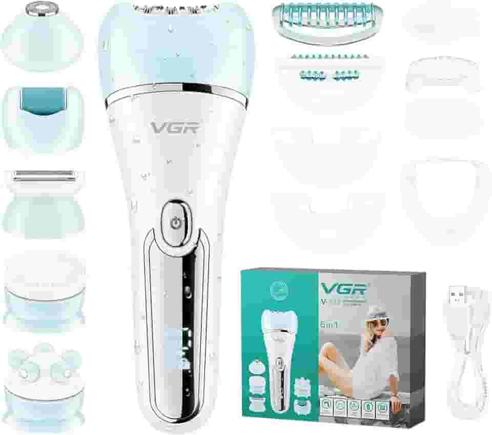 VGR Depilador 733 para mulheres, depilador elétrico feminino 6 em 1, sem fio e recarregável, dispositivo de remoção de pelos à prova d'água IPX7, aparador de biquíni úmido e seco para rosto, perna