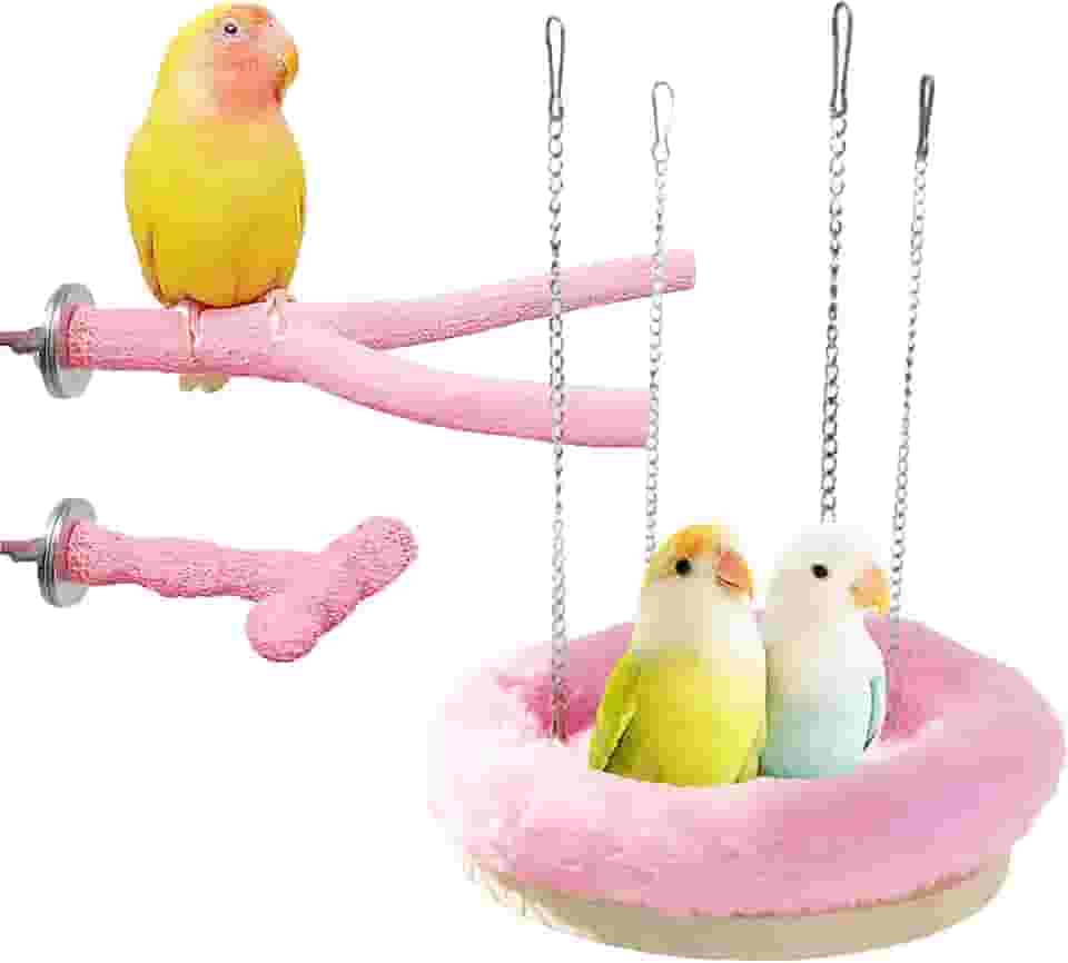 JJunLiM Poleiros de pássaros para gaiola, aconchegante conjunto de 3 peças com rede - Poleiros de madeira natural e resina para periquitos, calopsitas - Acessórios de gaiola para escalar, descansar e