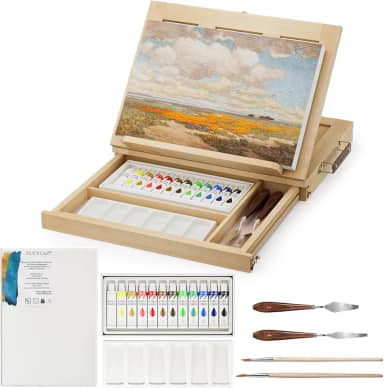 LUCYCAZ Cavalete de mesa, conjunto de cavalete de madeira de pinheiro para pintura com tela, tintas acrílicas de 12 cores, paleta de plástico e facas de paleta