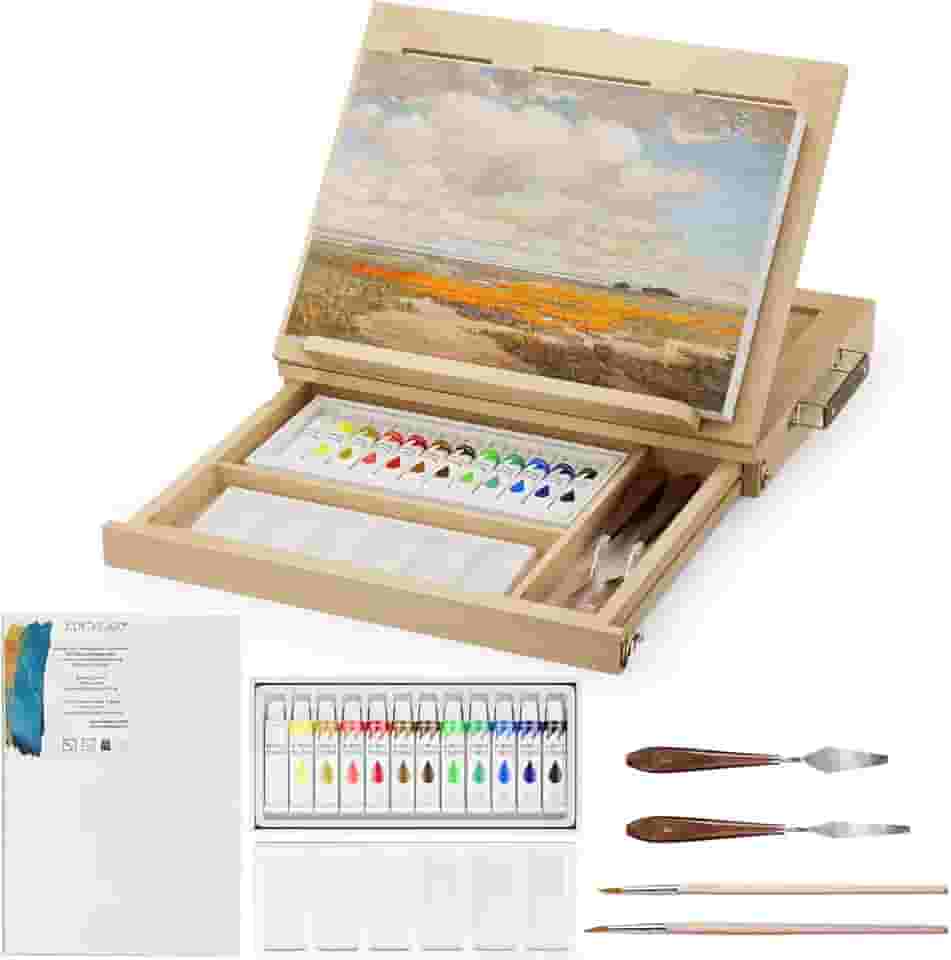 LUCYCAZ Cavalete de mesa, conjunto de cavalete de madeira de pinheiro para pintura com tela, tintas acrílicas de 12 cores, paleta de plástico e facas de paleta