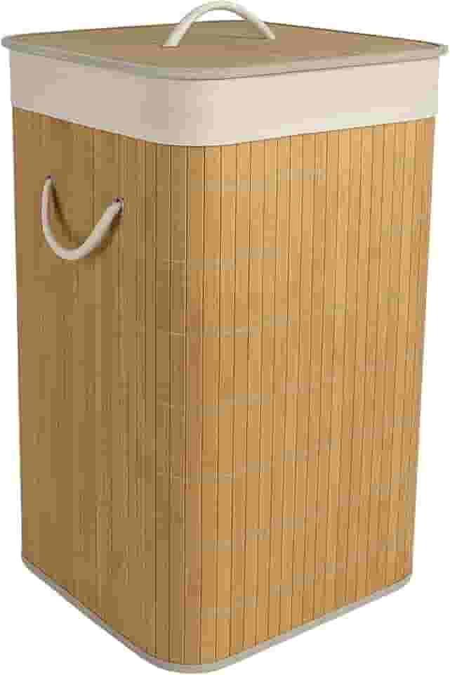 Cesto de Bambu Ecológico para Lavanderia com Tampa e Alças de Fibra Natural - Bege - 65 Litros