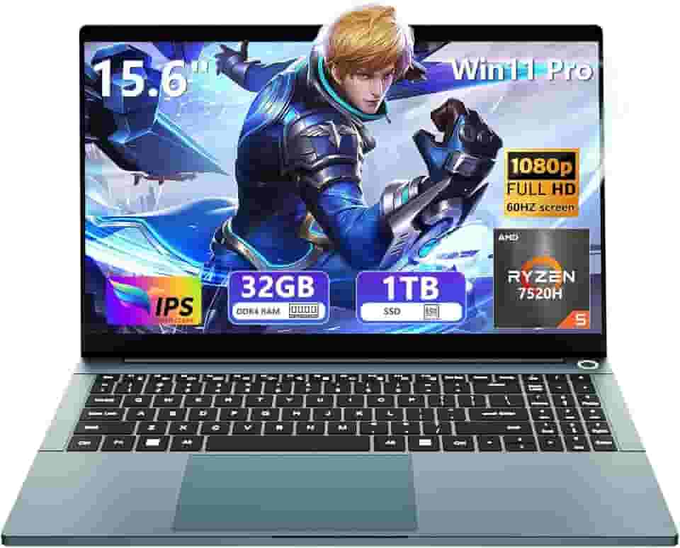 Laptop, laptop para jogos AMD Ryzen R5 7520H, laptop de 15,6 polegadas 32 GB RAM 1TB SSD, AMD Radeon Lap top, laptops com teclado retroiluminado, desbloqueio de impressão digital, 50 Wh, WiFi 5, BT