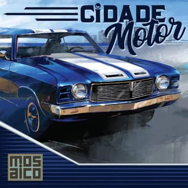 Mosaico Jogos | Cidade Motor | Jogo de Tabuleiro | Rolar e Escrever - 14+, um jogo sobre a construção do carro perfeito.