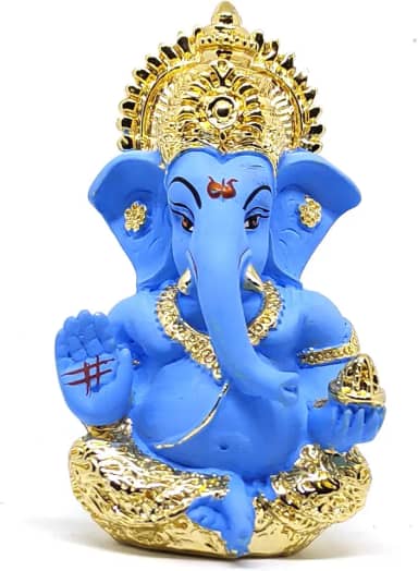 Estátua de terracota Ganesh banhada a ouro Puja Idol Escultura Ganesha/Ganpati Deus do Sucesso, Prosperidade, Boa Sorte para Painel do Carro, Templo e Decoração de Casa Presente 8,9 cm (Azul)