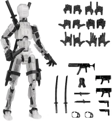 Pre-Assembly 3D Printed 5.54'' Dummy13 Action Figure, Multi-Jointed Tian13, Articulated T13 Desktop Decoration,12 in 1 Accessories, Best Birthday Festival Gift (crystal+black)