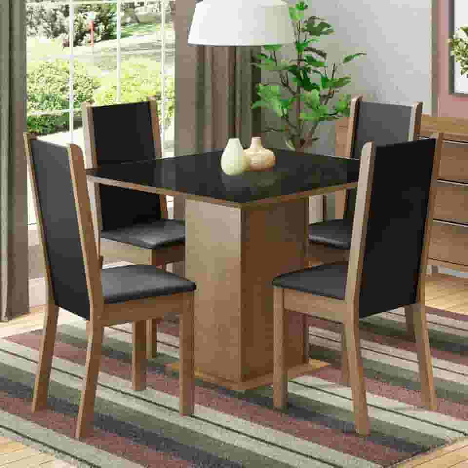 Conjunto Sala de Jantar Madesa Moscou Plus Mesa Tampo de Vidro com 4 Cadeiras - Rustic/Preto/Sintético Preto