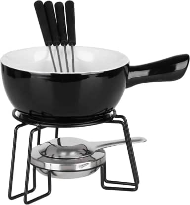 Conjunto de Fondue Cerâmica, Vermelho, 700ml, 8 Peças com Panela e Garfos em Inox (Preto)