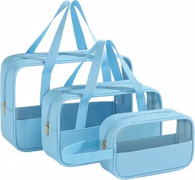 Kit Necessaire Transparente 3 em 1 Bolsa de Viagem para Maquiagem e Higiene Pessoal Unissex – Grande Capacidade, Organizador em PVC Impermeável, Ideal para Academia, Mala, Mala de Mão (Azul)